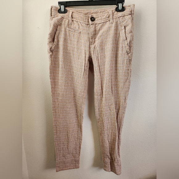 Free People Women's Crinkle Tan Plaid Cropped Pants Size 2 - Picture 1 of 6